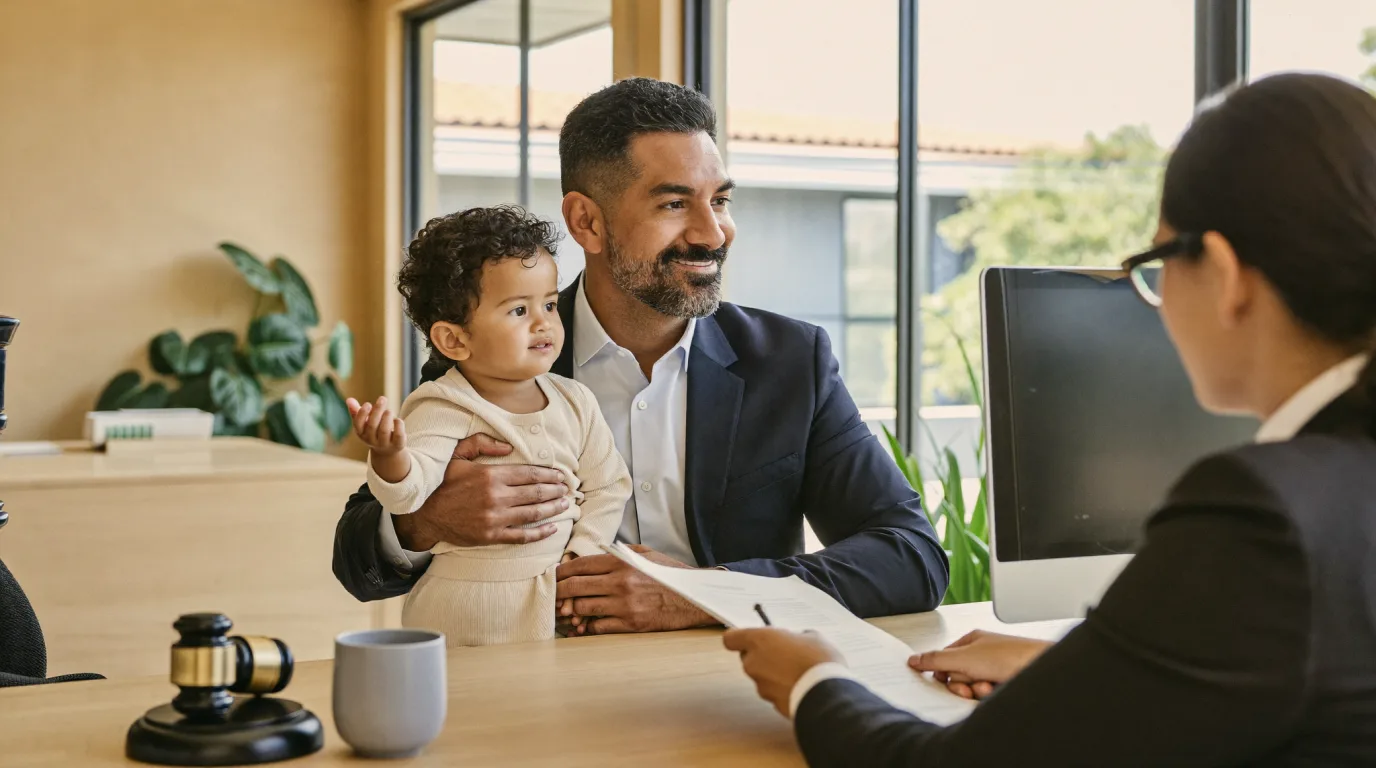 Padre con su hijo consultando a un abogado de lo familiar en CDMX sobre el reconocimiento de paternidad